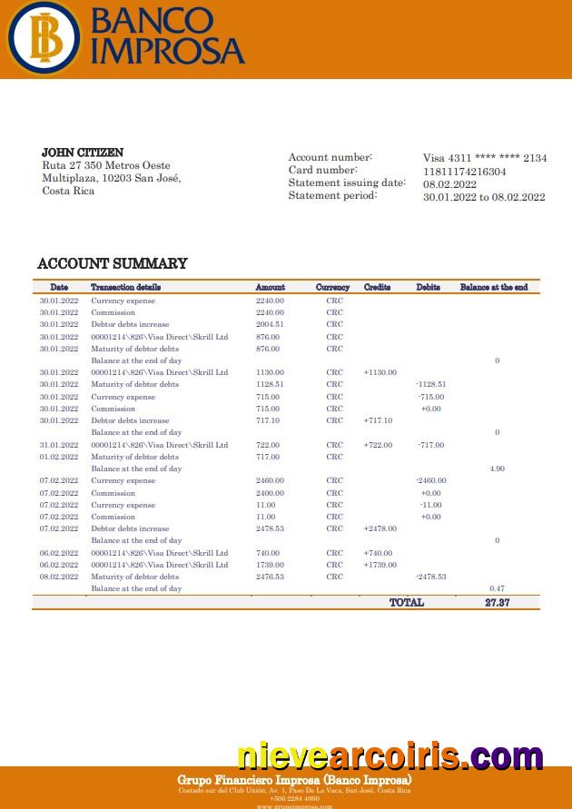 Costa Rica Banco Improsa bank statement